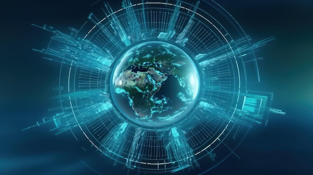 Grafisch beeld van planeet Aarde tegen de achtergrond van een diagram van energieproductie en -gebruik Duurzaam windenergieproces Virtuele datatechnologie Groene energieproductie Mockup illustratie