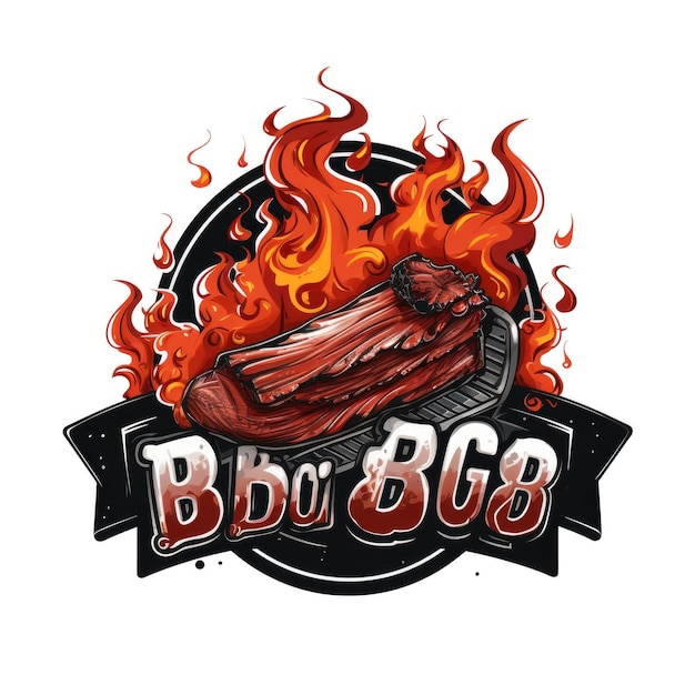 grafisch logo van vlees op de grill met vuur op witte achtergrond bbq-ontwerp