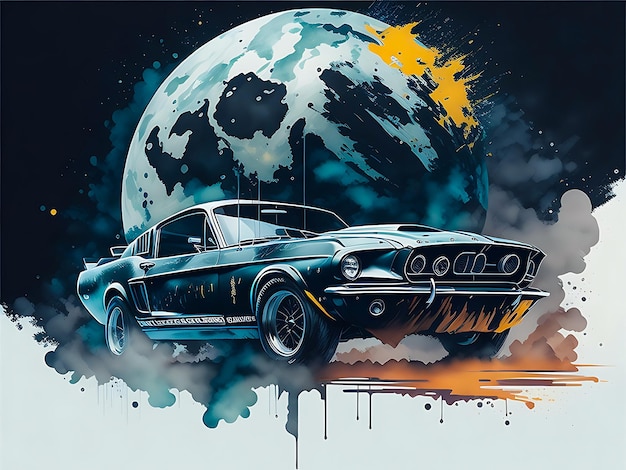 Grafisch ontwerp plat ontwerp mustang zwarte Shelby drijvend op de maan aquarel ai generator