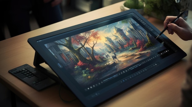 Foto grafisch ontwerper de kunstenaar tekent met de hand een digitale illustratie op een tablet