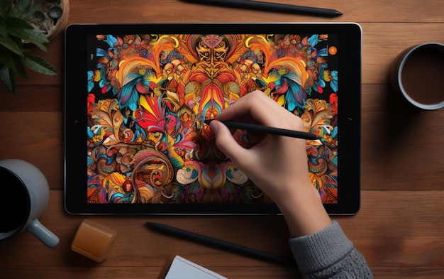 Foto grafisch ontwerper van bovenaf met een tablet