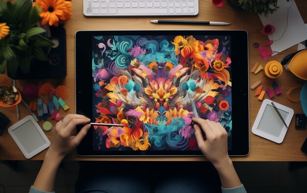 Foto grafisch ontwerper van bovenaf met een tablet