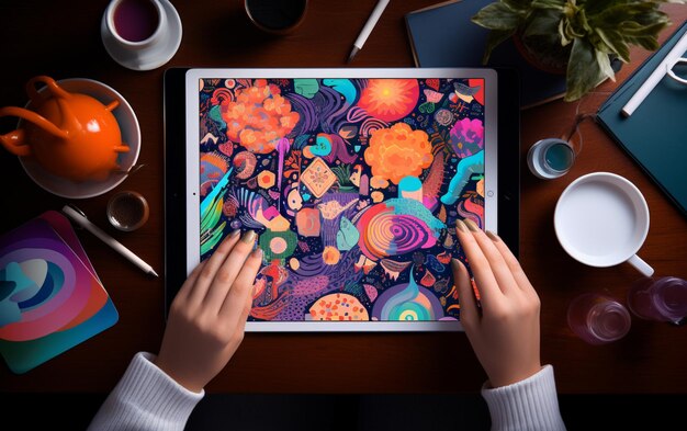 Grafisch ontwerper van bovenaf met een tablet