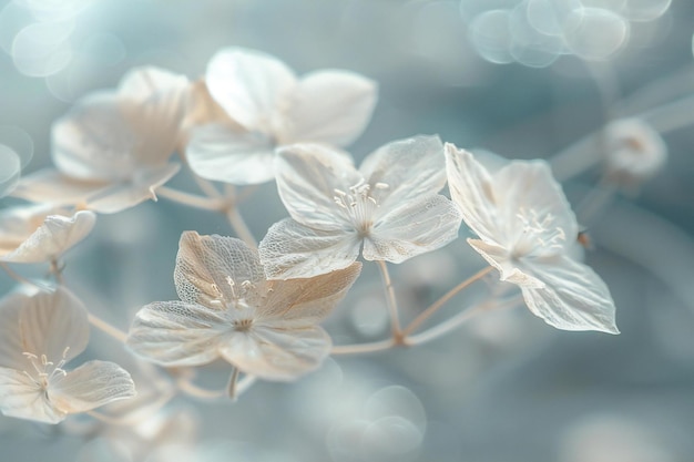 Grafische gedroogde witte bloemen met zachte focus achtergrond neutraal kleurenpalet in macrofotografie