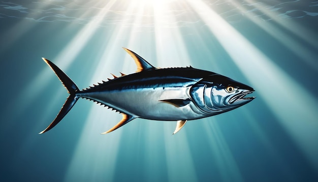 Grafische illustratie van een tonijn met zonlicht dat door het water wordt gefilterd.