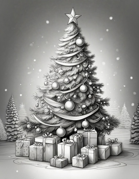 grafische kleurplaat met kerstboom