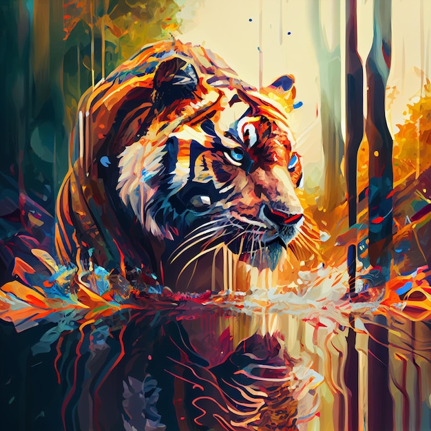 grafische stijl kunst illustratie van een fotorealistische tijger in zonnig bos