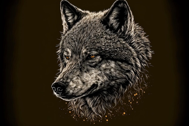 Grafische tekening van wolfskop op zwarte achtergrond