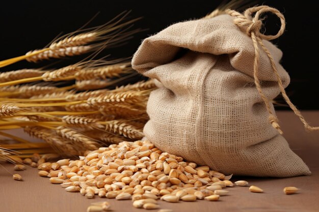 Зерно крупным планом Маленький мешок с пшеницей, в котором собрана сельскохозяйственная сущность