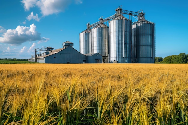 Foto un campo di grano con silos sullo sfondo