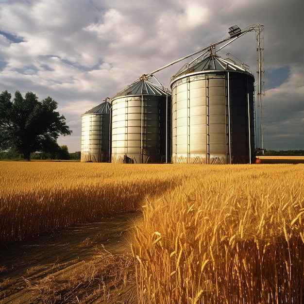 Grain silos in a field with a cloudy sky in the background