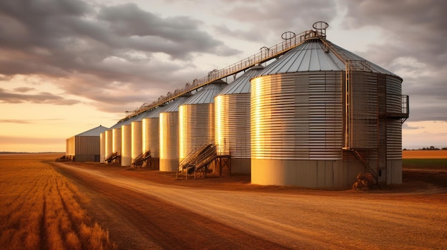 grain silos in the golden field background