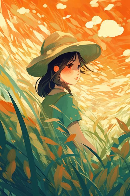 小麦畑小麦粒成長植物の背景に穀物太陽用語少女