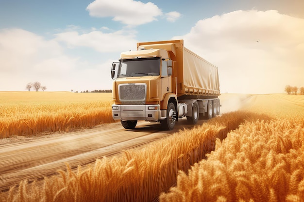 Grain Truck Drives On Rural Road Near Rye Field