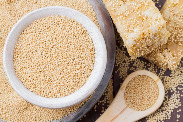 Grains and amaranth energetic bar on the table Amaranthus