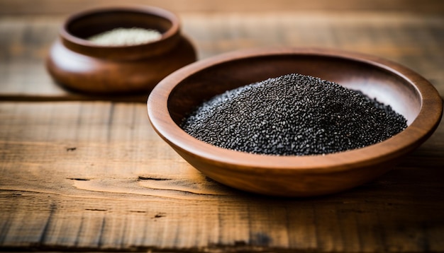 Grains of black sesame on a wooden surface