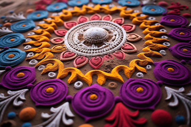 Grains of colorful sand up close arranged in an intricate mandala design