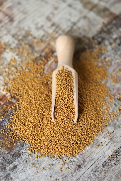 Grains of mustard in a wooden spatula.