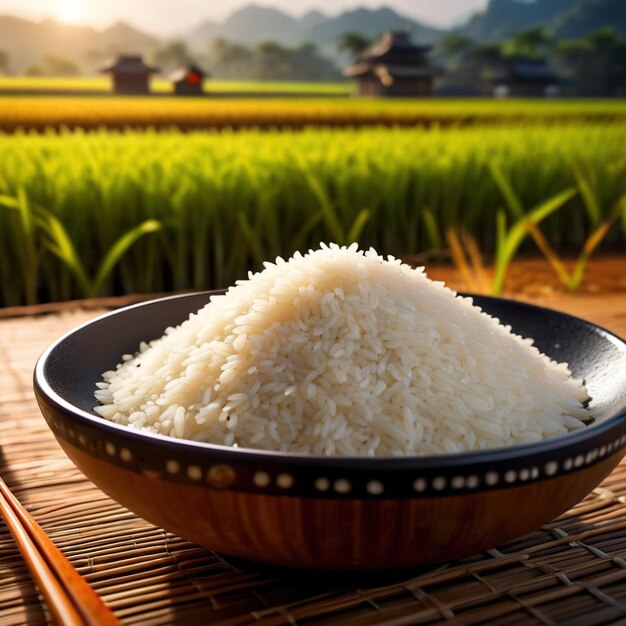 写真 農地農業のためのパディフィールドの背景を持つ米の粒