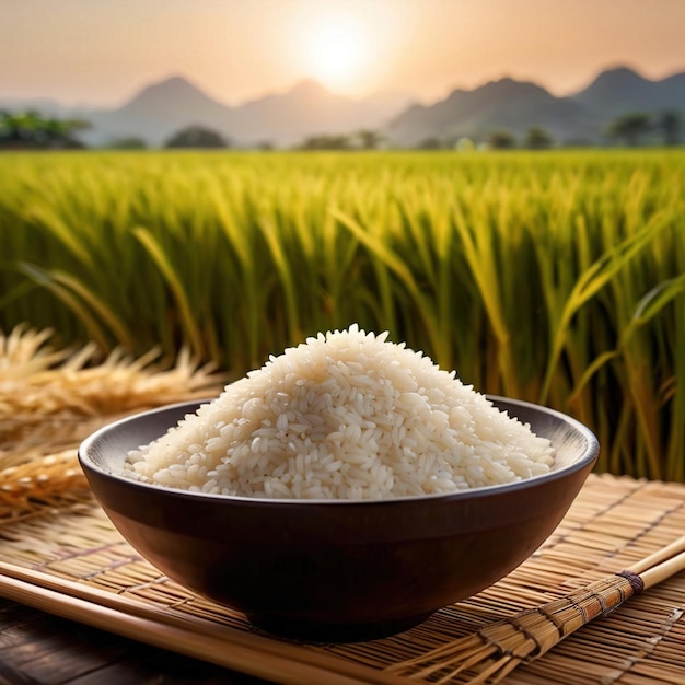 Фото Зерна риса с фоном поля пади для сельского хозяйства