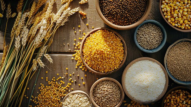 Grains seeds and cereals are poured into round bowls on a textured surface