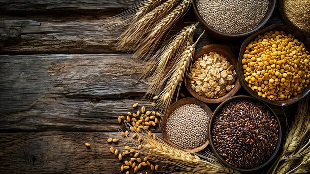 Grains seeds and cereals are poured into round bowls on a textured surface