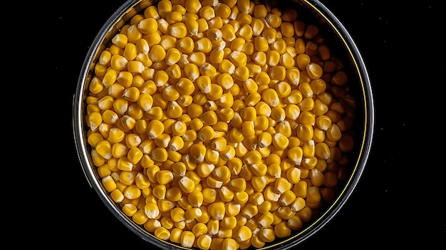 Grains of sweet canned corn in a pan Black background AI Generative