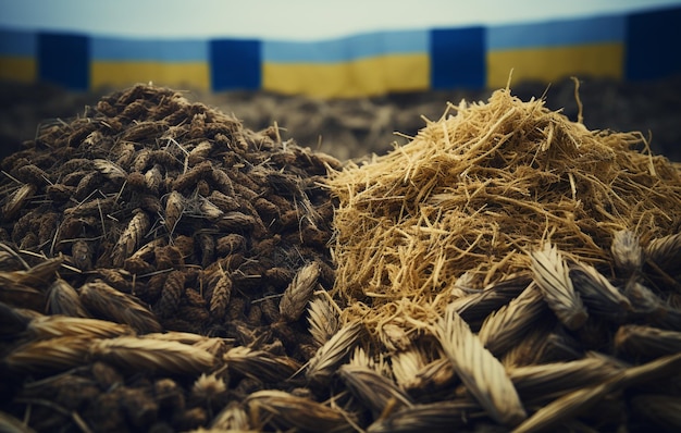 Photo grains of wheat wrapped in the colors of the ukrainian flag as a background concept of food supply crisis and global food shortage due to the war in ukraine