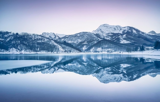 Gramolazzo iced lake and snow in Apuan mountains Garfagnana Tuscany Italy