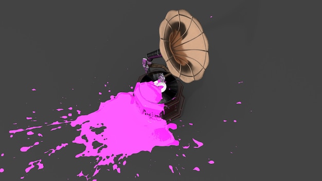 Gramophone filled with pink paint in the form of a blot, 3d illustration