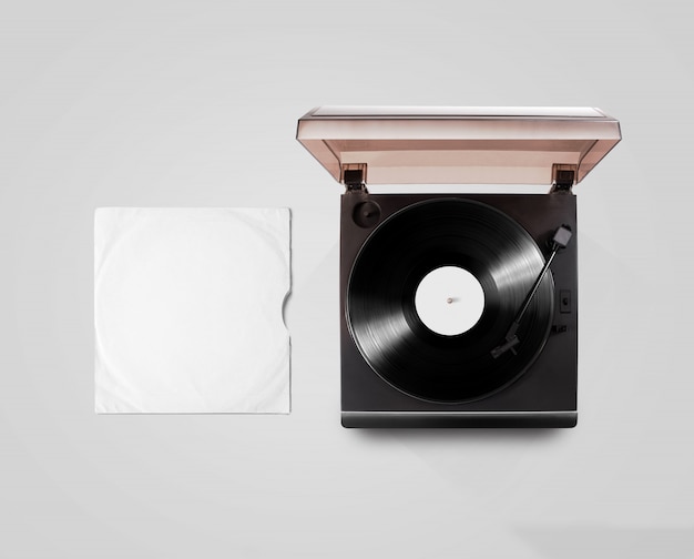 Gramophone vinyl player and record cover sleeve  top view