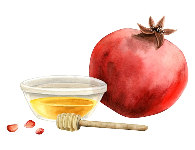 Granaatappel en honing met honingdipper lepel voor Rosh Hashanah Nieuwjaar aquarel illustratie