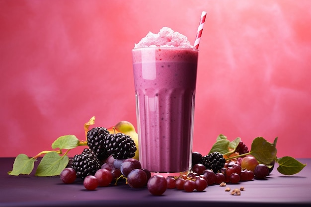 Granaatappels, druiven, pruimen en zwarte bessen smoothies op paarse achtergrond