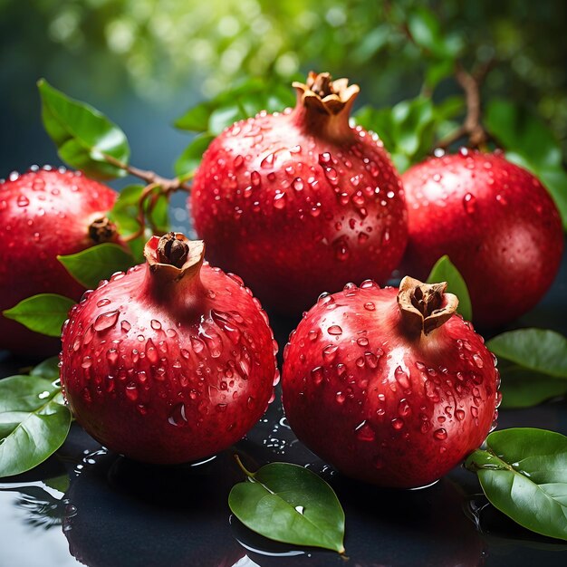 Granaatappels met bladeren en glinsterende waterdruppels