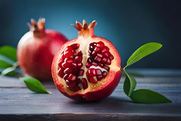 Foto granaatappels op een houten tafel met bladeren en een blauwe achtergrond.