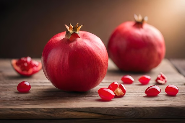 Granaatappels op een houten tafel met een paar stukjes granaatappel erop