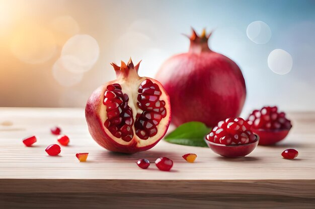 Granaatappels op een houten tafel met een takje granaatappelpitjes.