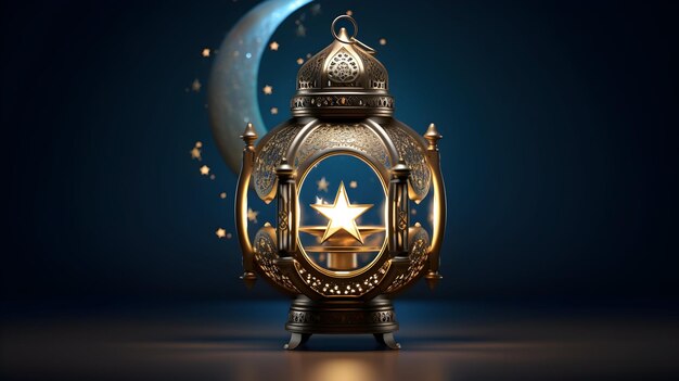 A grand 3D illustration showcasing Islamic elegance with a lantern crescent moon