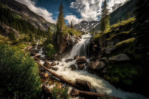 Grand alpine waterfall cascading into lush meadow created with generative ai