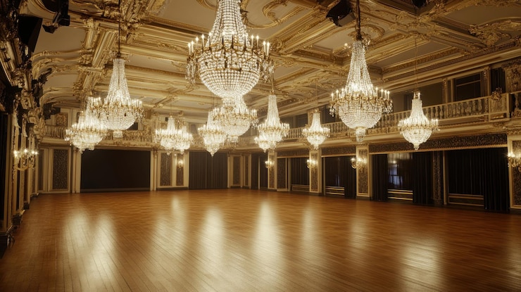 Photo grand ballroom opulent crystal chandeliers and gleaming wooden floor