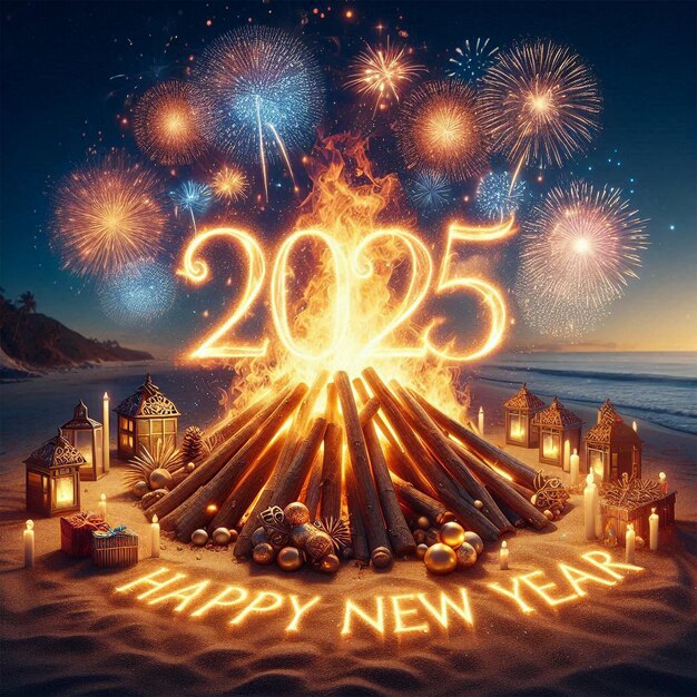 Grand Bonfire on Beach with 2025 Illuminated in Firelight Premium AIgenerated image