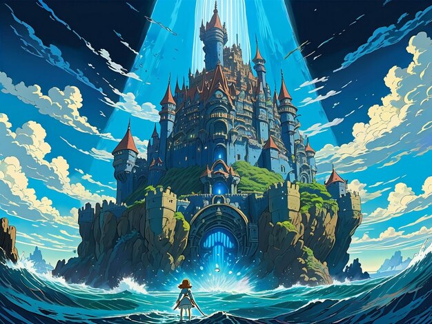 Photo grand cobalt castle emerging from turbulent ocean exquisite structure intense illumination majest