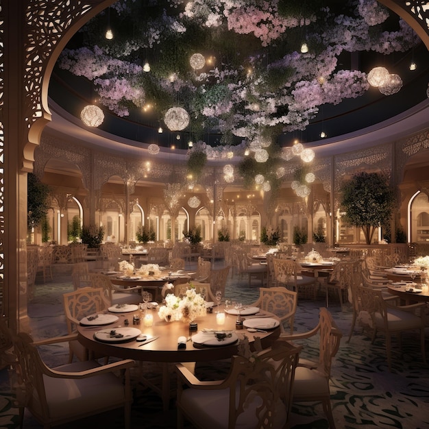 the grand dining hall wedding reception Dinning Hall with tables seats AI Generative