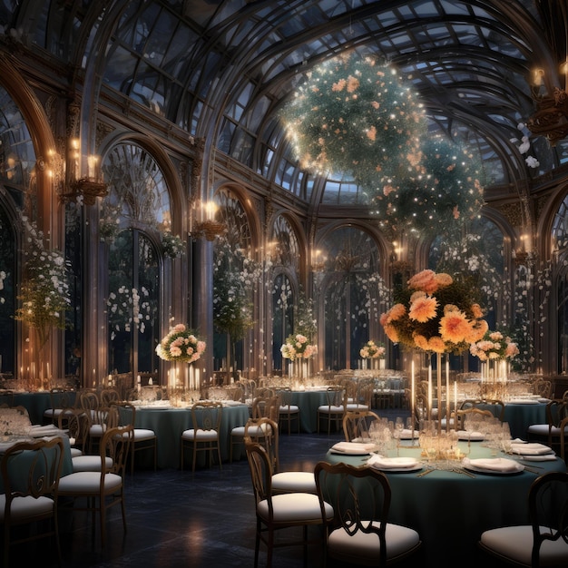 the grand dining hall wedding reception Dinning Hall with tables seats AI Generative