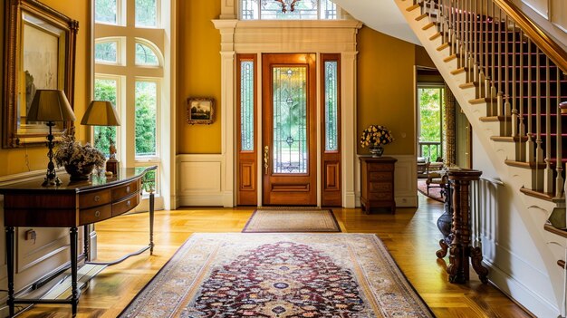 Великий и элегантный желтый вход в дом с лестницей Восточный ковер из дерева и стекла