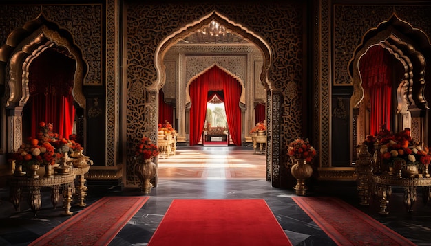 A grand entrance adorned with traditional motifs welcoming guests in style