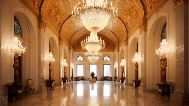 The grand entrance to a lavish hotel with crystal chandeliers and marble floors Generative AI