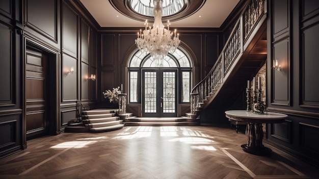 The grand entrance of a luxury home with a chandelier hanging from the ceiling