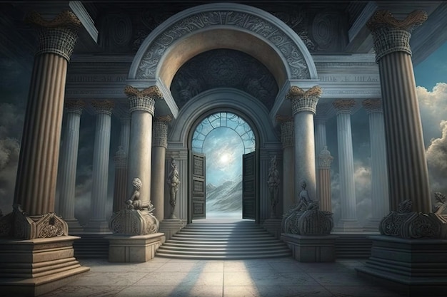 A grand entrance with stone pillars and a marble floor leading to heavens gates