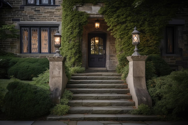 A grand entrance with stone steps and a lantern leading to a tudor house
